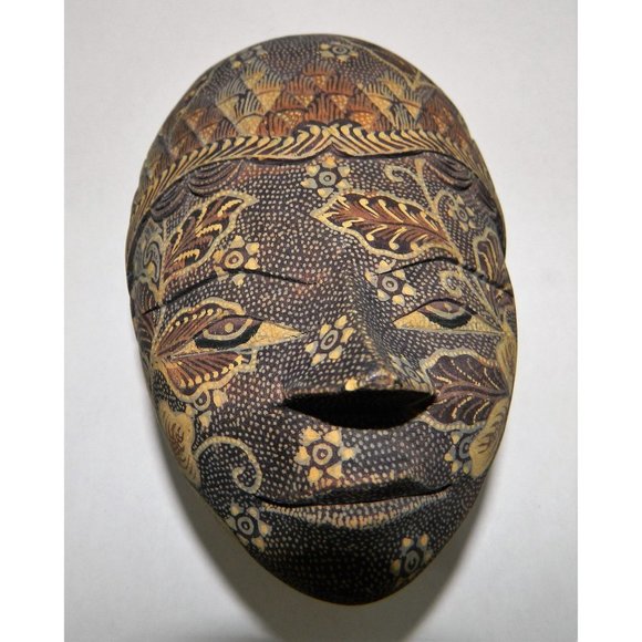 Poplier Batik Fabric Wood Mask Trinket Box Container Indonesian Eclectic - Picture 4 of 15